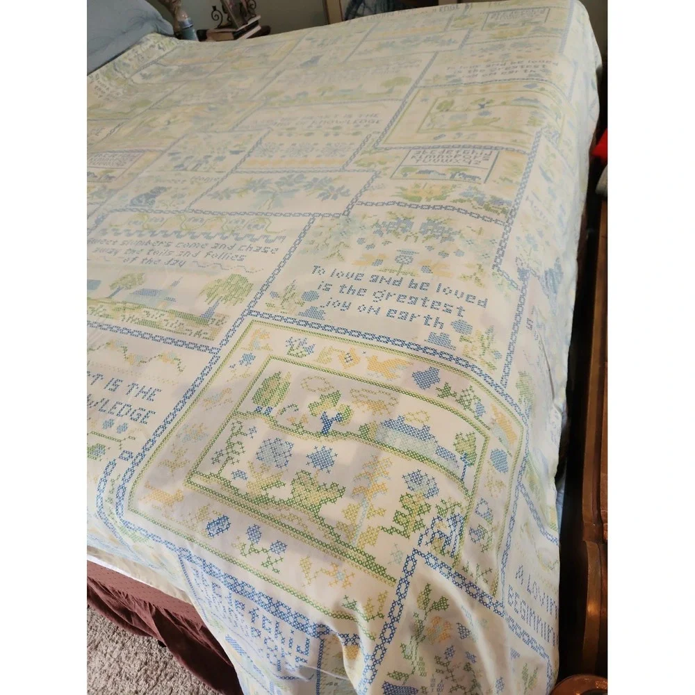 Vtg 70's Perma-Prest Full Flat Sheet Faux Cross Stitch Cottagecore Country